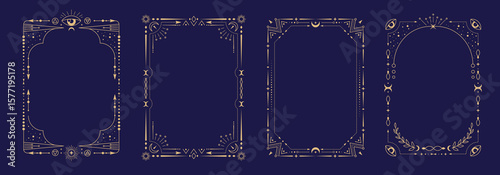 Set of modern magic witchcraft astrology frames with third eye, stars, sun and moon on blue background. Line art occult vector illustration