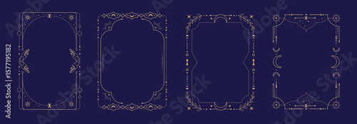 Set of modern magic witchcraft astrology frames with  hands, stars, sun and moon on blue background. Line art occult vector illustration
