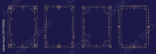 Set of modern magic witchcraft astrology frames with crystals, diamonds, gemstones, stars, sun and moon on blue background. Line art occult vector illustration