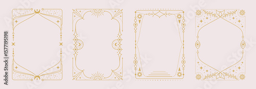 Set of modern magic witchcraft astrology frames with stars, sun and moon on white background. Line art occult vector illustration