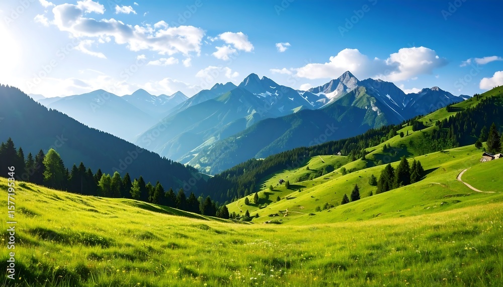 Fototapeta premium Lush green alpine meadows and majestic mountains under a bright blue sky.