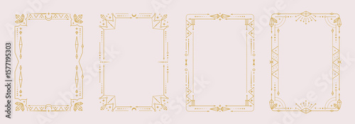 Set of modern magic witchcraft astrology frames with crystals, diamonds, gemstones, stars, sun and moon on white background. Line art occult vector illustration