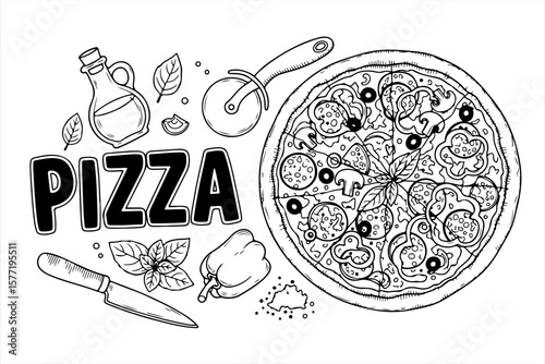 Pizza illustration with ingredients and utensils, including olive oil, knife, and cutter, in a line art style.