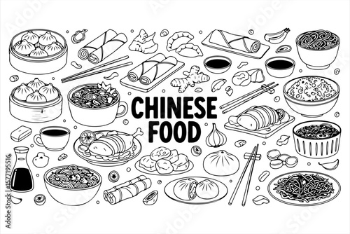 A collection of various Chinese food dishes, drawn in a simple line art style.
