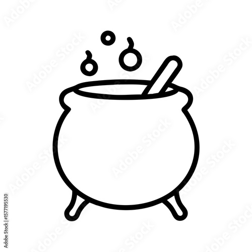 Cauldron with steam and stirring spoon in a magical concept  