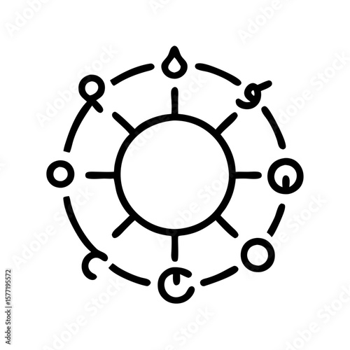 Zodiac wheel symbol in minimalist line art style representing magic  