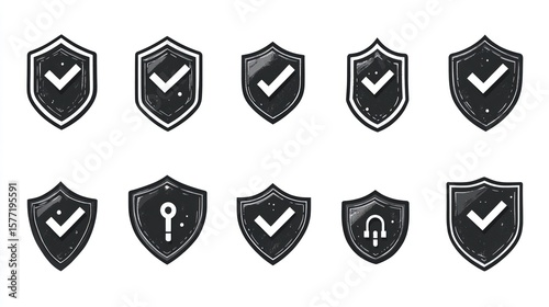 Shield icons with checkmark and various design elements