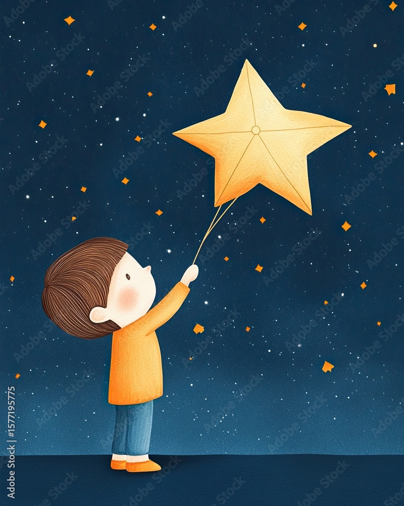 Fototapeta premium Emotions and Conflict Illustration Child Reaching for a Golden Star Under a Night Sky Filled with Twinkling Lights