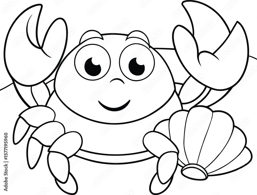 Fototapeta premium Smiling cartoon crab happily holding a seashell at the beach Vector illustration