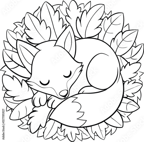 Curled up sleeping fox nestled in peaceful cartoon forest scene Vector illustration