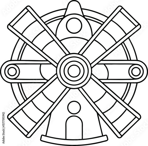 Minimalist outline drawing of a windmill with rotating blade shapes Vector illustration