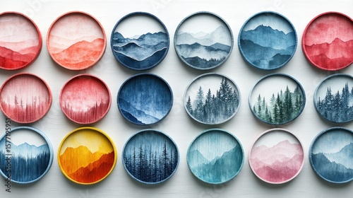 Colorful circular art featuring landscapes