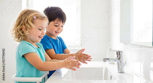 Children practicing hygiene A young girl and boy washing hands at the sink in a bright bathroom, promoting health and good habits.