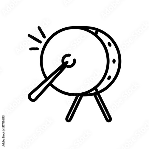 Line drawing of shaman drum being played with a stick, concept of icon, magic, esoteric  