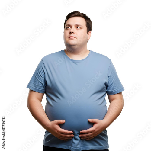 Overweight Man in T-Shirt Holding Belly and Looking Thoughtful, Isolated on transparent background