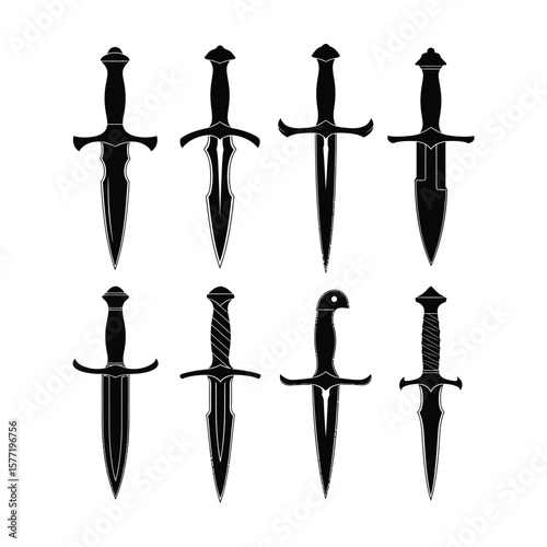 Collection of eight stylized black dagger designs, varying in hilt and blade shapes.