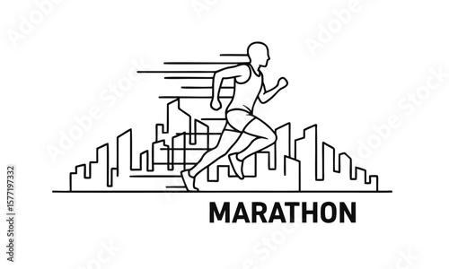 City Running Logo Design, Logo of Marathon Runner Crossing a Stylized City, Thin Outline Style