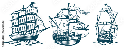 Set of sea ship illustrations isolated on white background. Design element for poster, t shirt, card, emblem, sign, badge
