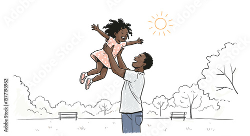 Black father tossing his daughter in the air, happy dad and daughter illustration in crayon,  naive child-like drawing style

