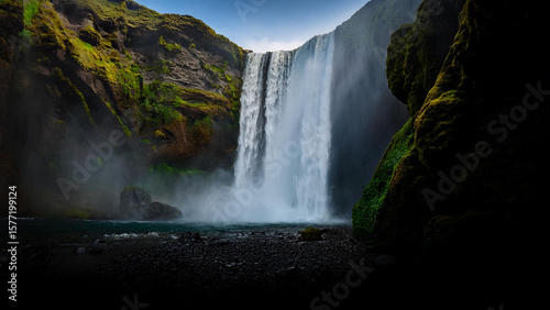 Stunning Forest Waterfall with Triple Stream Pouring from Cliffside into River Below, Surrounded by Moss Covered Rocks and Dense Lush Greenery Ideal for Landscape Photography