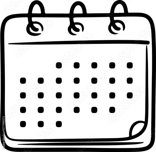 Simple hand drawn black and white calendar icon with spiral binding