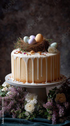Easter celebration cake, easter egg, festive cake with a fluted shape, piece of cake with icing
