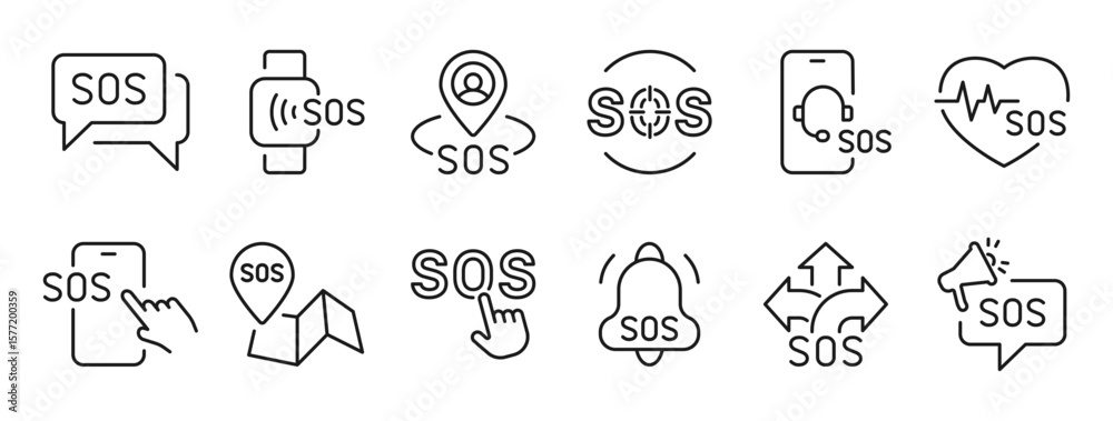 Fototapeta premium SOS related line icons set. Editable stroke
