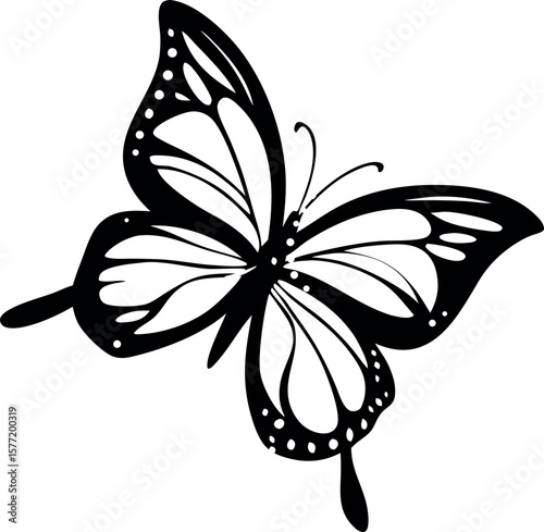 A delicate butterfly silhouette design showcasing the graceful shape and intricate wing patterns, ideal for nature-themed art, decorative projects, tattoos, and minimalist illustrations.

