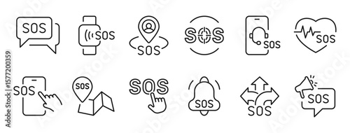 SOS related line icons set. Editable stroke