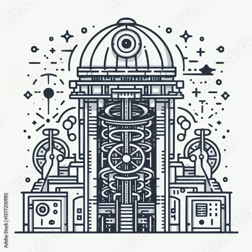 Intricate abstract illustration of a futuristic building with geometric designs, line art