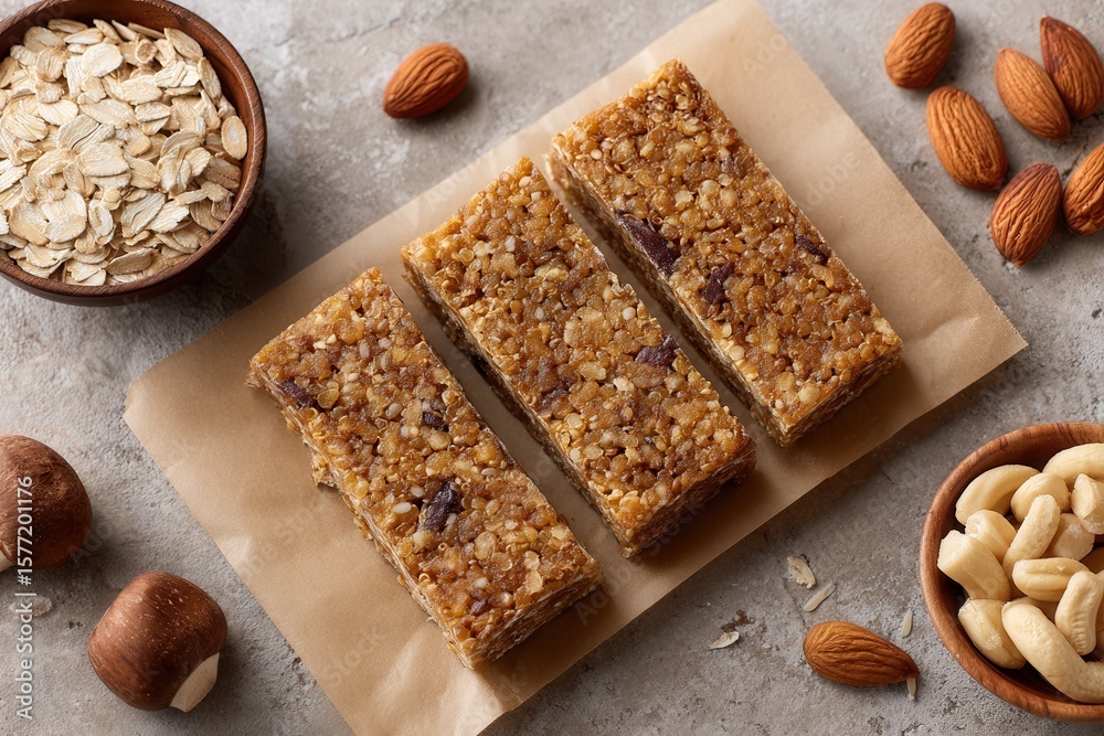 Fototapeta premium Homemade nut granola bars with oats and almonds on rustic background.