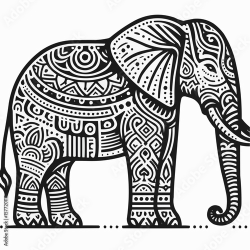 Intricate coloring page of an elephant with decorative patterns, art and creativity concept
