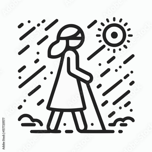 Illustration of a girl walking in the rain and sun for outdoor activities concept 
