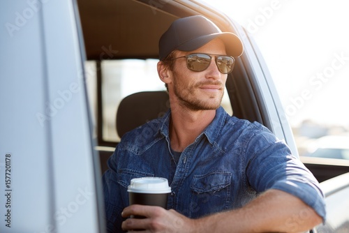 Casual man in sunglasses and cap enjoys coffee in his truck. Ideal for lifestyle or travel themes.