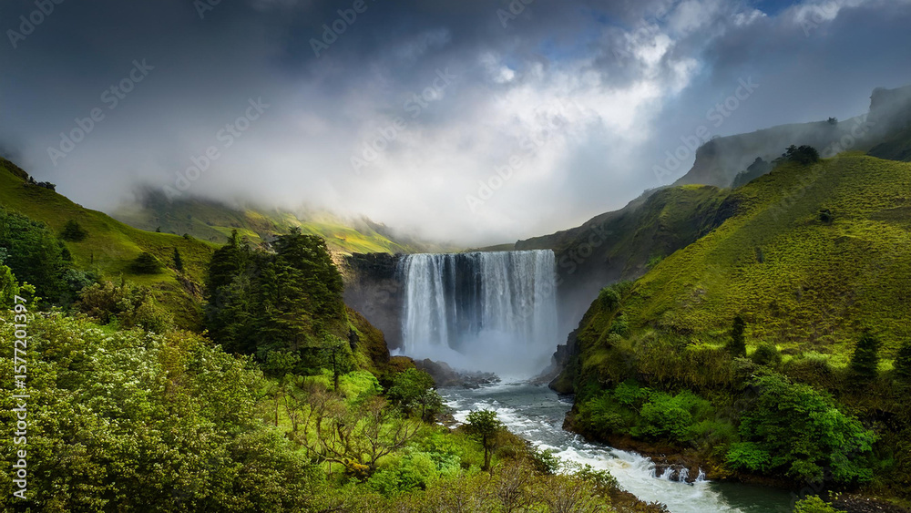 Fototapeta premium Iconic Waterfall with Rainbow Spray Falling from Sheer Cliff Surrounded by Yellow Wildflowers and Blue Sky, Perfect for Nature Tourism and Travel Photography Backgrounds