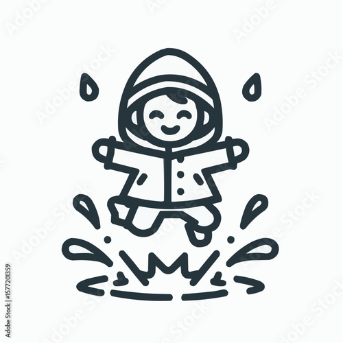 Happy child jumping in puddles wearing a raincoat and boots, enjoying playtime