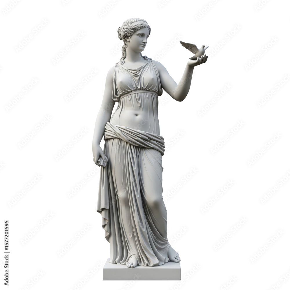 Obraz premium Elegant marble sculpture of a serene goddess holding a small bird in her outstretched hand PNG isolated on transparent background