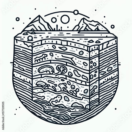 Earth cutaway illustration, scientific mood, geological layers and landscapes in line art style