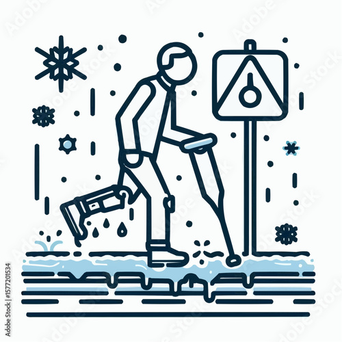 Person walking with crutches in icy conditions, cautious mood, winter safety illustration in line art
