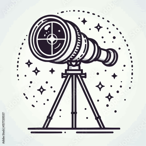 Telescope for stargazing, curious mood, astronomy equipment illustration in line art style