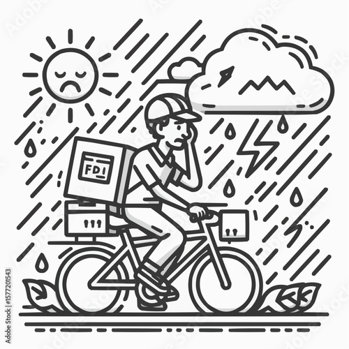 Delivery person biking in bad weather, determined mood, logistics illustration in line art