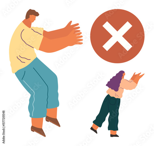 Two people maintaining boundaries, with a bold red X symbol emphasizing rejection or disagreement. Ideal for communication, conflict, boundaries, personal space, refusal, relationships, simple flat