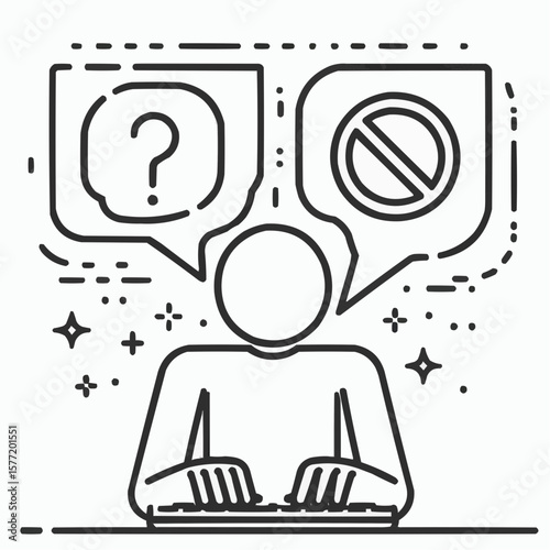 Person contemplating decisions, uncertain mood, thoughtful illustration in linear style