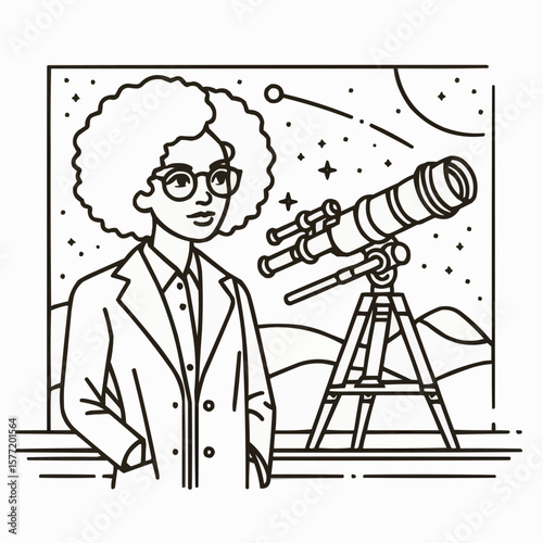Astrophysicist with telescope, curious mood, astronomy illustration in line art style

