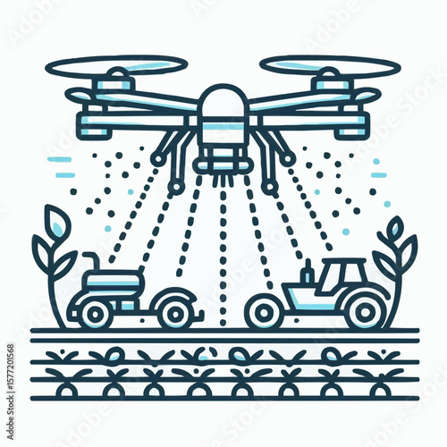 Agricultural drone spraying crops, innovative mood, farming technology illustration in line art
