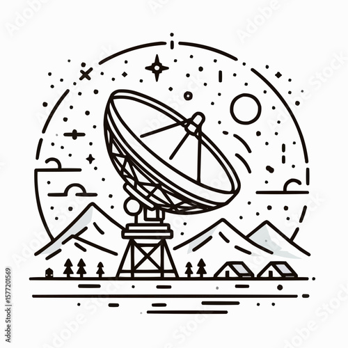 Satellite dish for space communication, scientific mood, astronomy illustration in line art style
