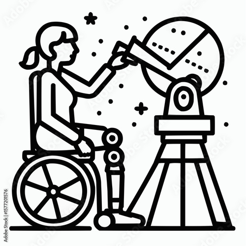 Person in wheelchair using telescope, determined mood, inclusive astronomy illustration in line art