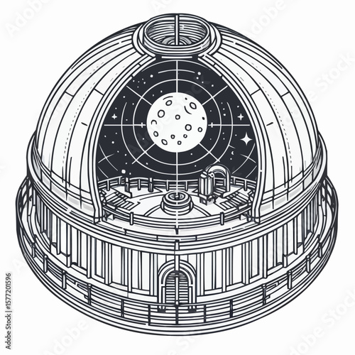 Planetarium dome with celestial features, educational mood, astronomy illustration in line art style
