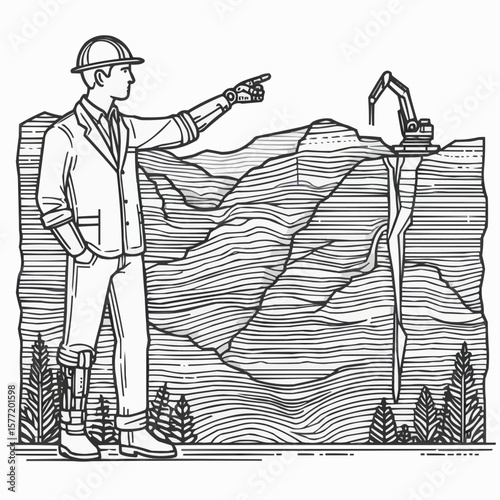 Engineer observing excavation site, focused mood, construction illustration in line art style