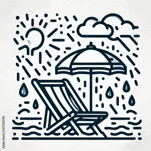 Beach chair with umbrella under changing weather, relaxed mood, vacation illustration in line art style
